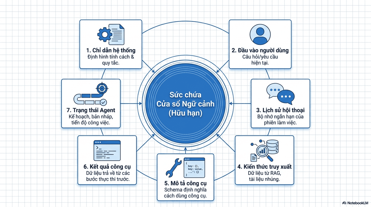 Sơ đồ cửa sổ ngữ cảnh hữu hạn chia thành bảy thành phần: chỉ dẫn hệ thống, đầu vào người dùng, lịch sử hội thoại, kiến thức truy xuất, mô tả công cụ, kết quả công cụ và trạng thái agent