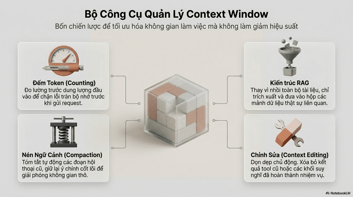 Sơ đồ bốn công cụ quản lý context window: đếm token, nén ngữ cảnh compaction, kiến trúc RAG và chỉnh sửa ngữ cảnh context editing