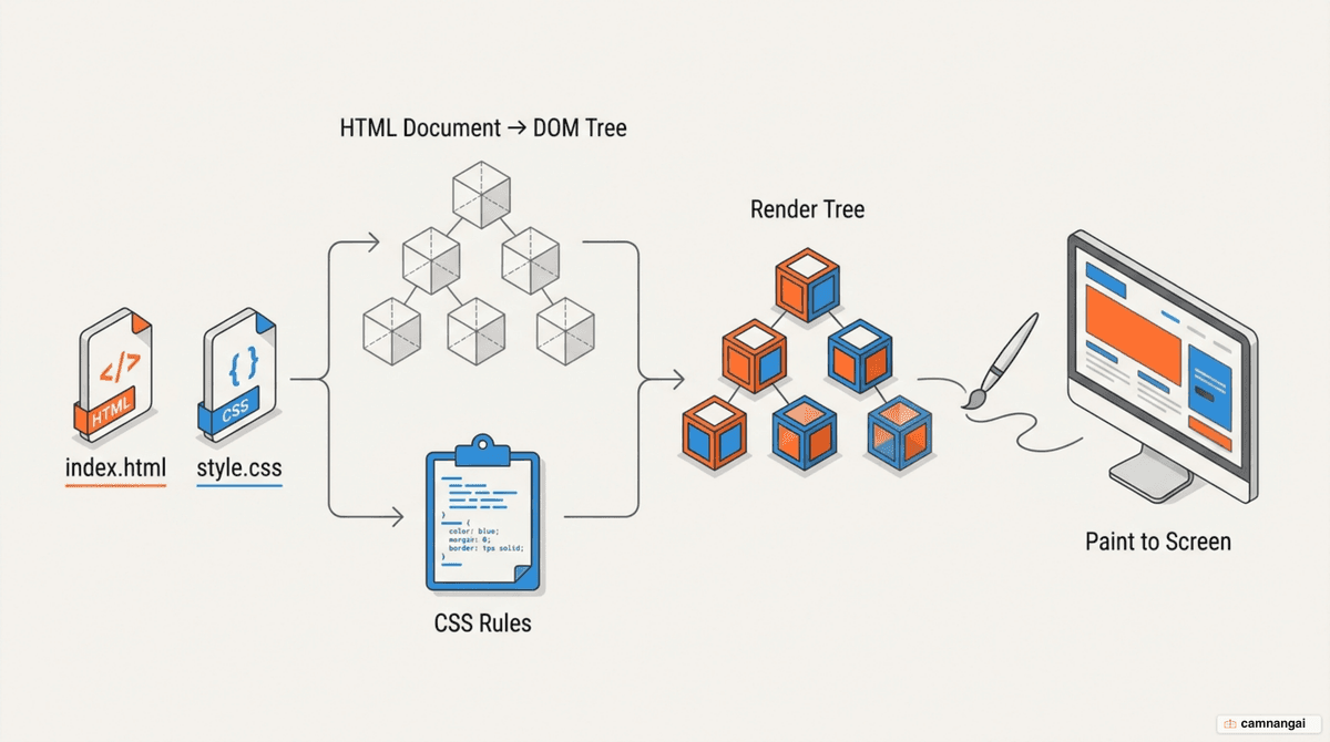 How the browser works: the HTML document becomes a DOM tree, combines with CSS rules into a render tree, and is then painted to the screen