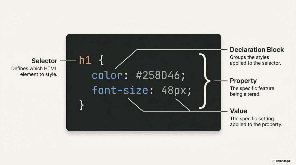 The anatomy of a CSS rule with the Selector, Declaration block, Property, and Value each labelled