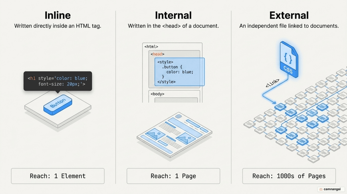 The three ways to attach CSS to HTML — inline on a tag, internal in a style element, external via a .css file — and the reach of each