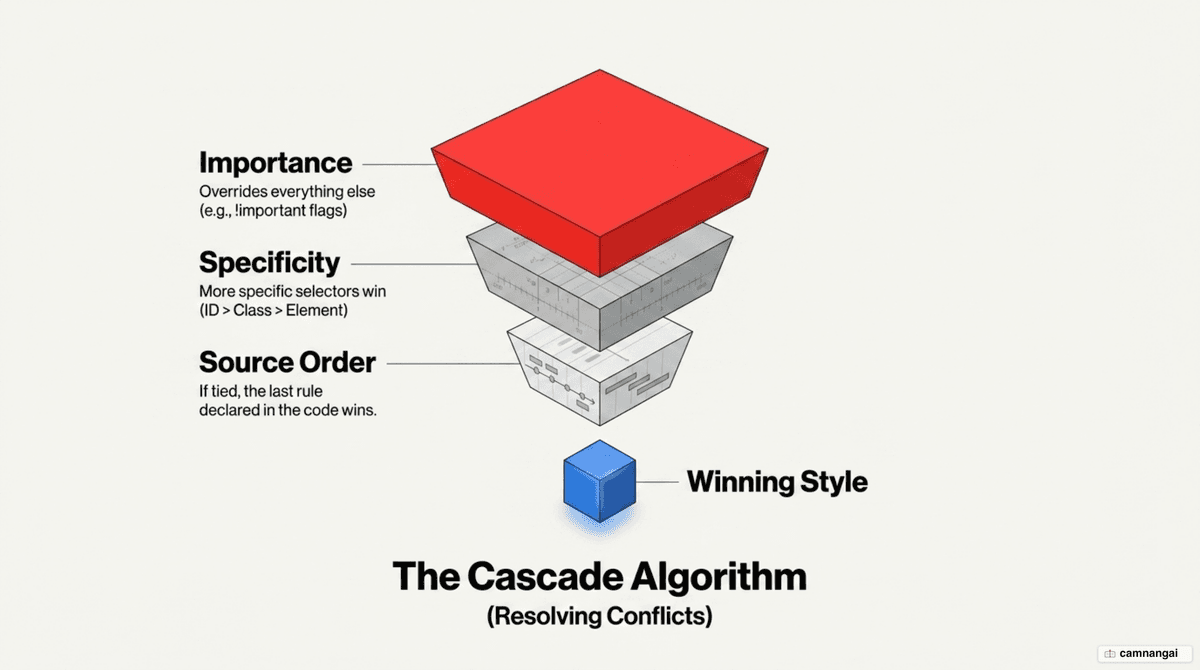 The order the browser resolves conflicting CSS in: Importance first, then Specificity, then Source order