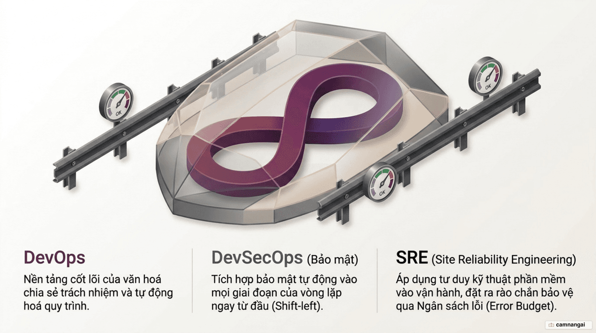 Quan hệ giữa DevOps, DevSecOps và SRE: DevOps là nền tảng, DevSecOps thêm bảo mật, SRE thêm độ tin cậy và ngân sách lỗi