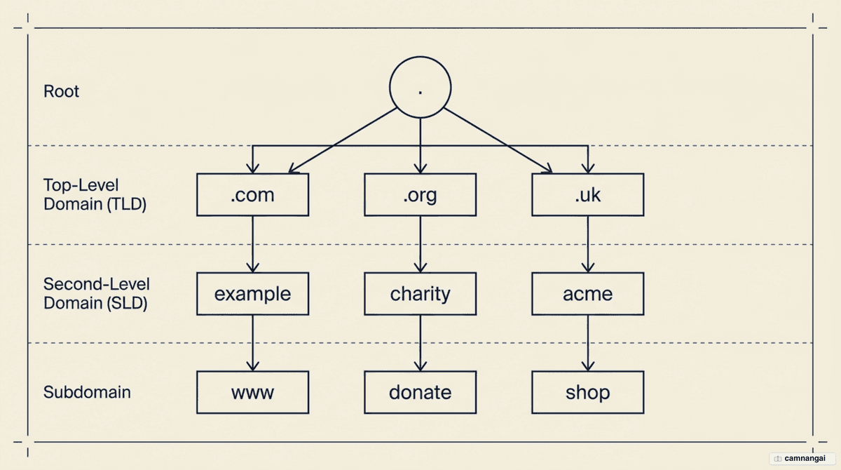 The domain name hierarchy as an inverted tree: Root, TLD, Second-Level Domain and Subdomain