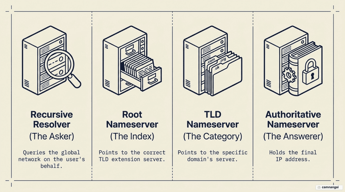 The four kinds of server in one DNS lookup: Recursive Resolver, Root, TLD and Authoritative Nameserver
