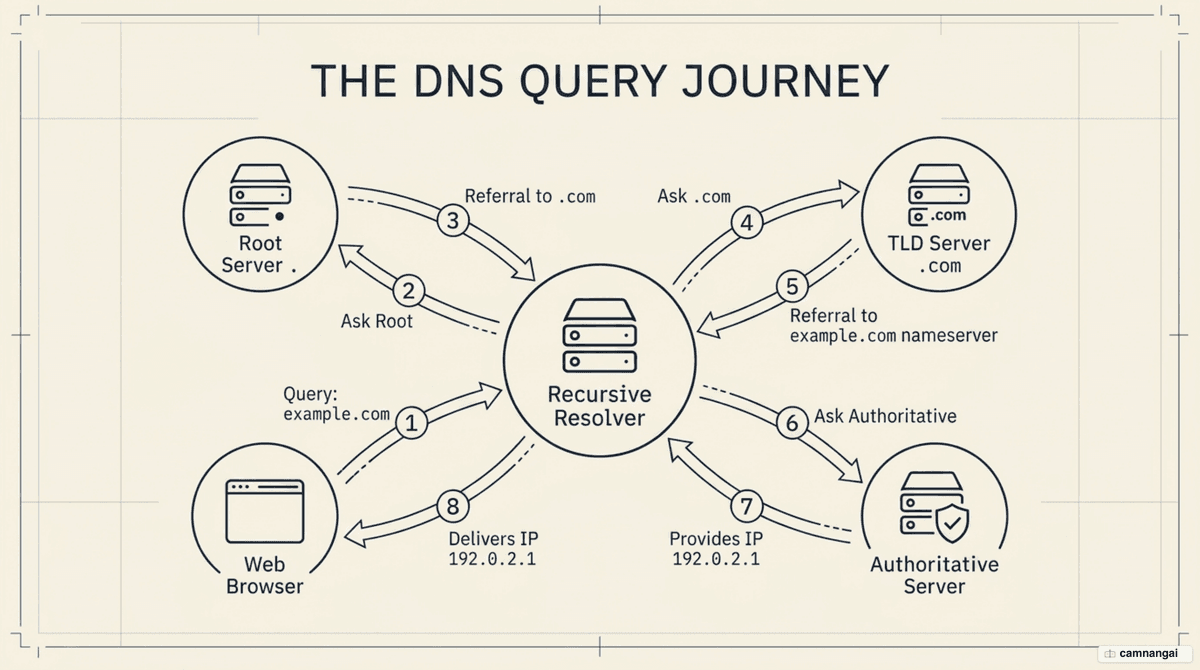 The eight-step journey of a DNS query, from browser through Resolver, Root, TLD, Authoritative and back