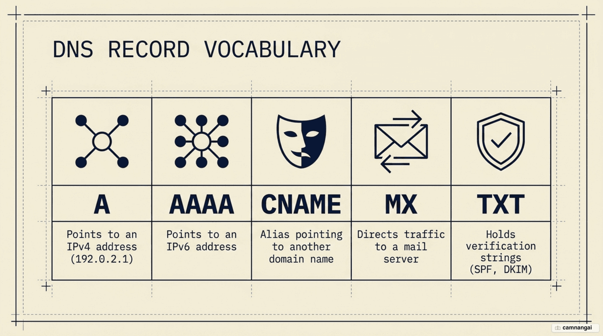 DNS record types and what each one points to: A, AAAA, CNAME, MX and TXT