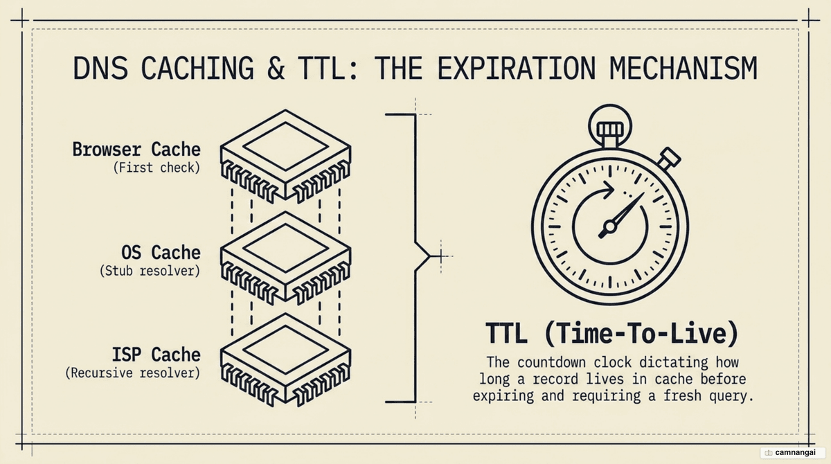 DNS caching layers — browser, operating system and ISP resolver — with a TTL countdown