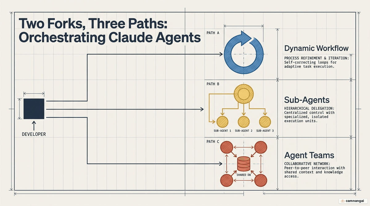 Diagram of three AI agent orchestration patterns: Dynamic Workflow as a single-agent loop, Sub-agents as a parent-child hierarchy, and Agent Teams as a peer-to-peer network.