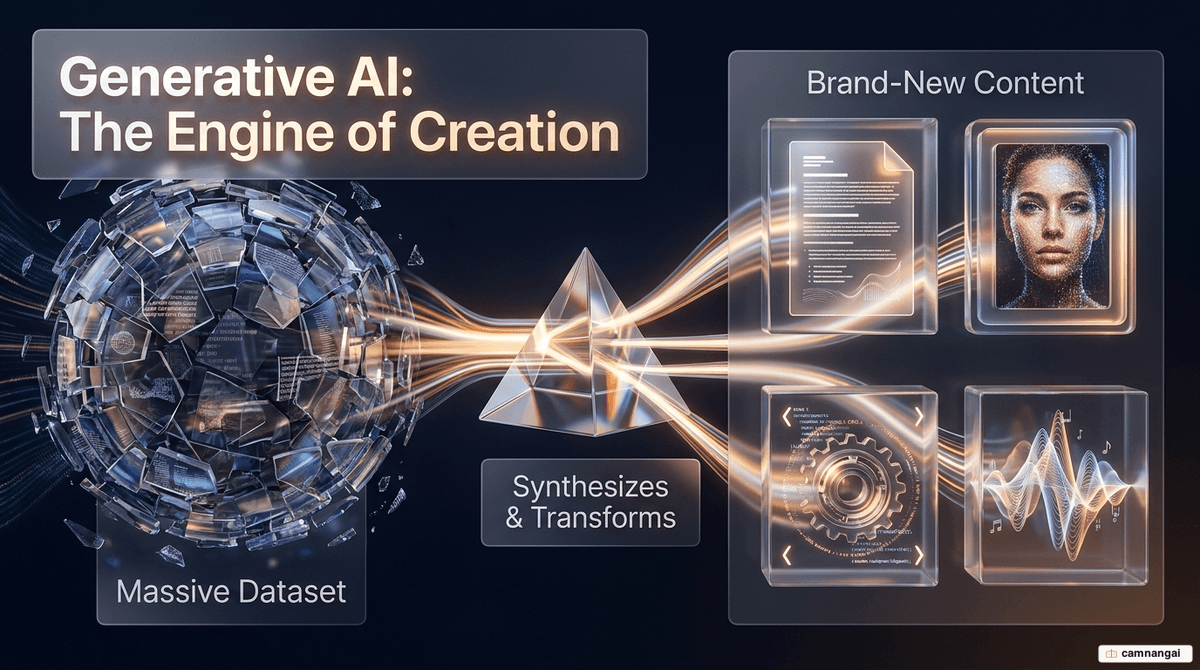 Generative AI as an engine of creation: a massive dataset is synthesized and transformed into brand-new content — text, images, and audio