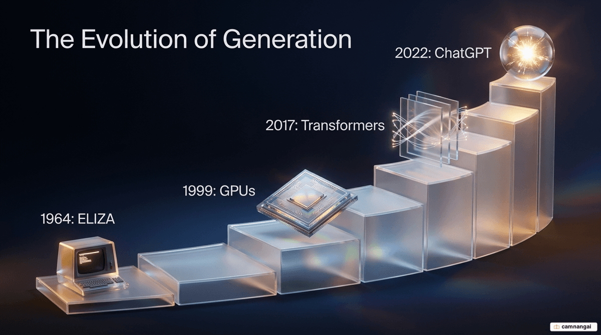 The evolution of generation as ascending steps: 1964 ELIZA, 1999 GPUs, 2017 Transformers, and 2022 ChatGPT