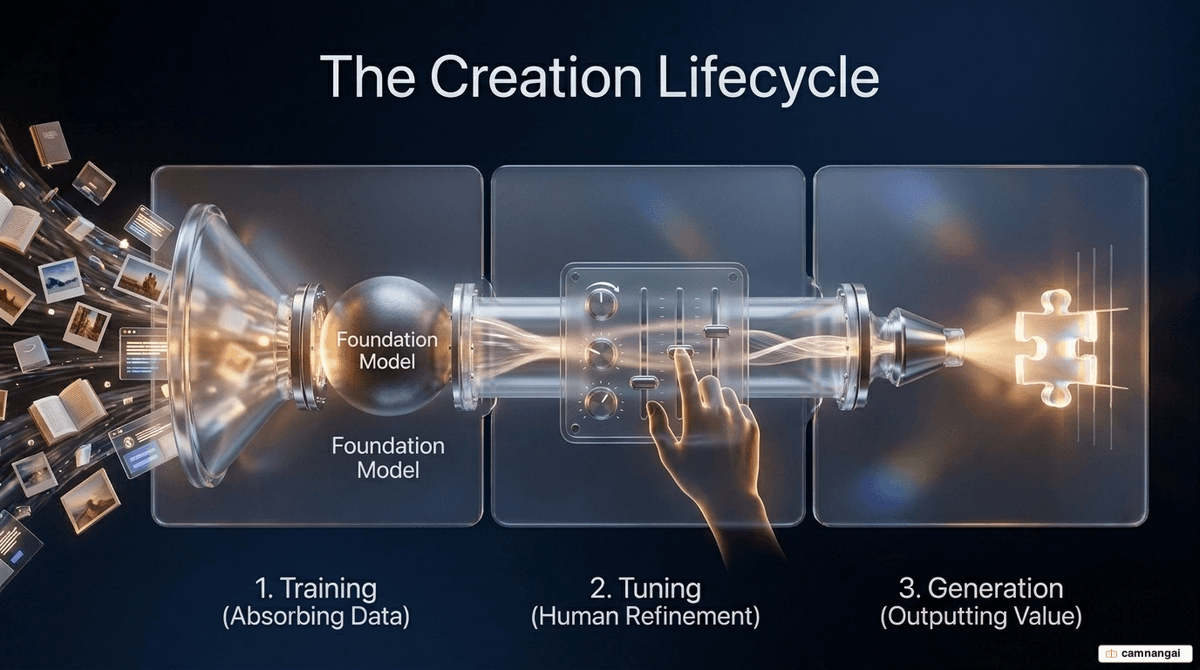 The creation lifecycle in three stages: training to absorb data, tuning through human refinement, and generation to output value