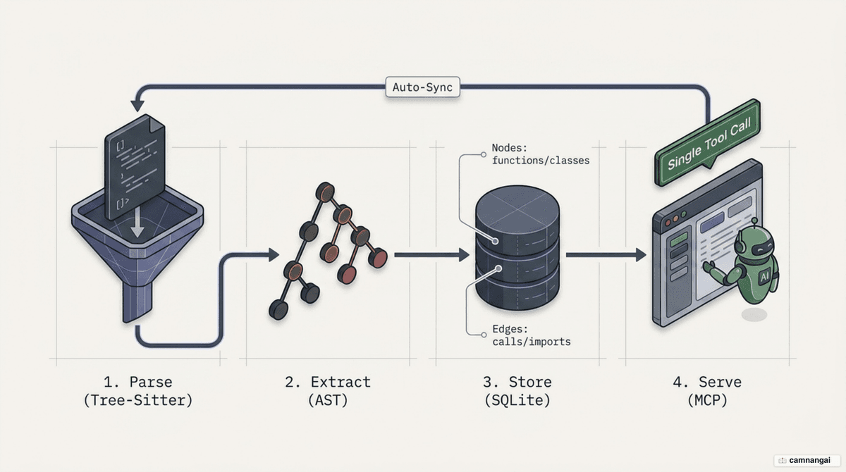 How Code Graph works: source code passes through tree-sitter into an AST, is stored as a SQLite graph of nodes and edges, then serves the agent over MCP in a single call