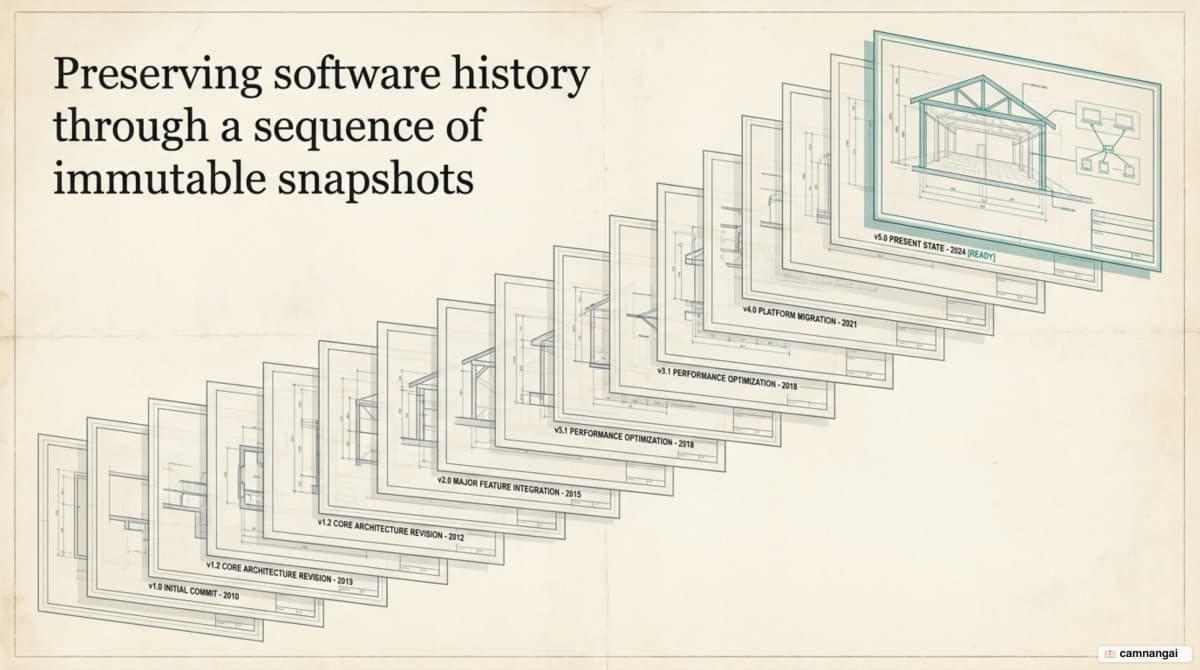 The history of a source code project preserved by Git as a sequence of snapshots over time