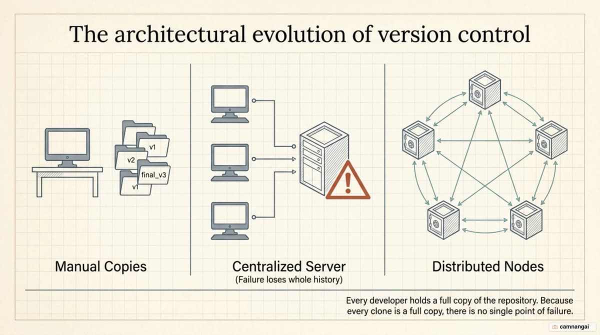 Three generations of version control: manual folder copies, a central server whose failure loses the whole history, and the distributed model where every developer holds a full copy
