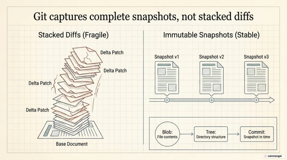 Storage compared: a chain of stacked delta patches in older systems versus Git's sequence of complete project snapshots, with the Blob, Tree and Commit object types