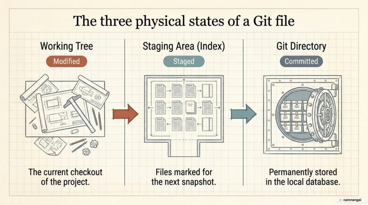 How a file flows through the three areas — Working Tree, Staging Area and Git Directory — matching the Modified, Staged and Committed states
