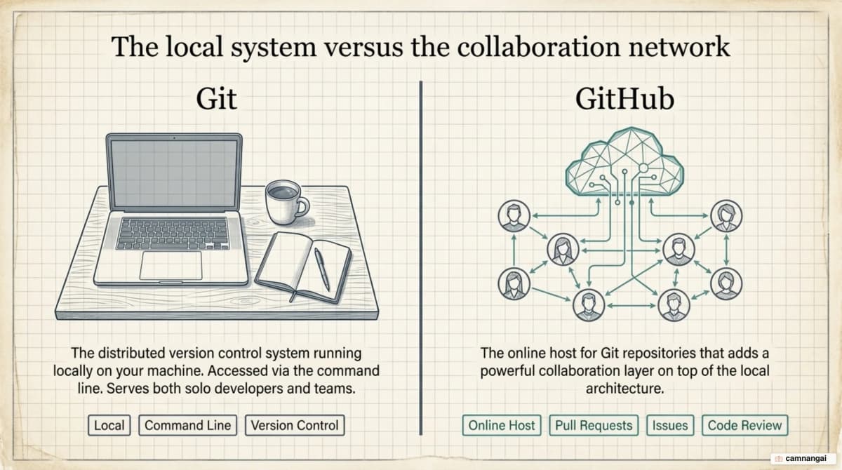 Git is the tool running locally on your machine, while GitHub is the online host adding a collaboration layer of Pull Requests, Issues and Code Review