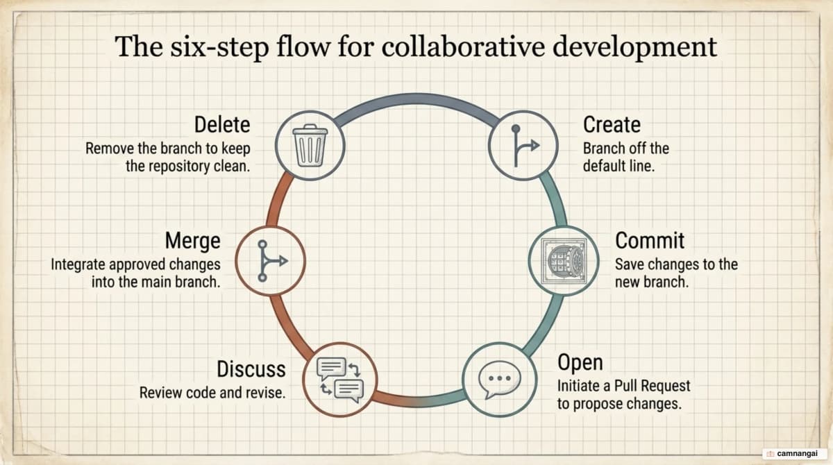 The six-step GitHub flow: create a branch, commit changes, open a Pull Request, discuss and revise, merge into the main branch, delete the branch