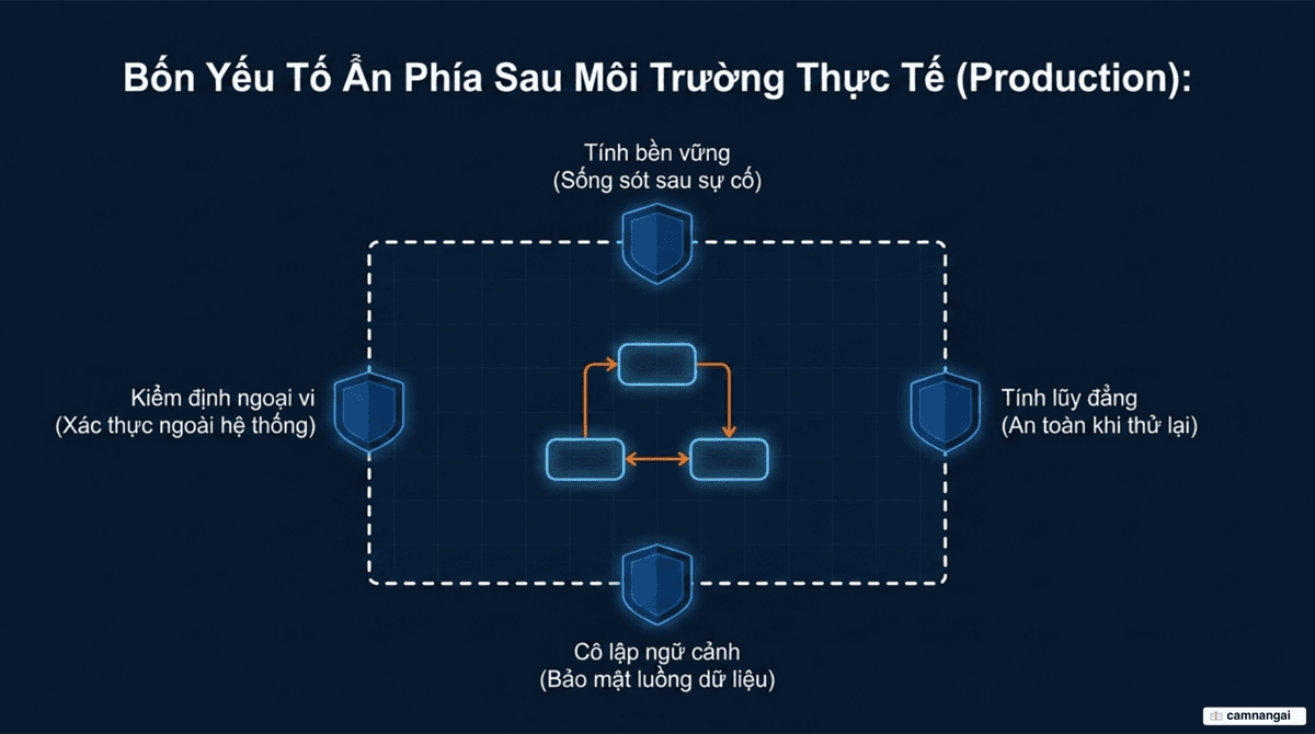 Bốn yếu tố sơ đồ không thể hiện khi lên production: tính bền vững, tính lũy đẳng, cô lập ngữ cảnh và kiểm định ngoại vi