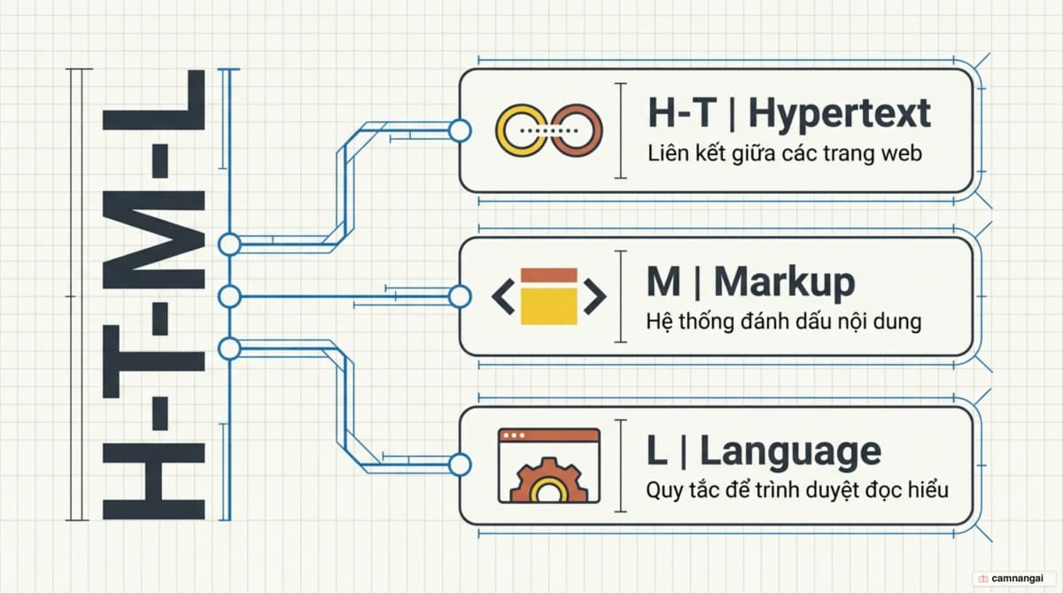 Ba thành phần tạo nên HTML: Hypertext là các liên kết, Markup là việc đánh dấu nội dung, Language là hệ quy tắc trình duyệt đọc được
