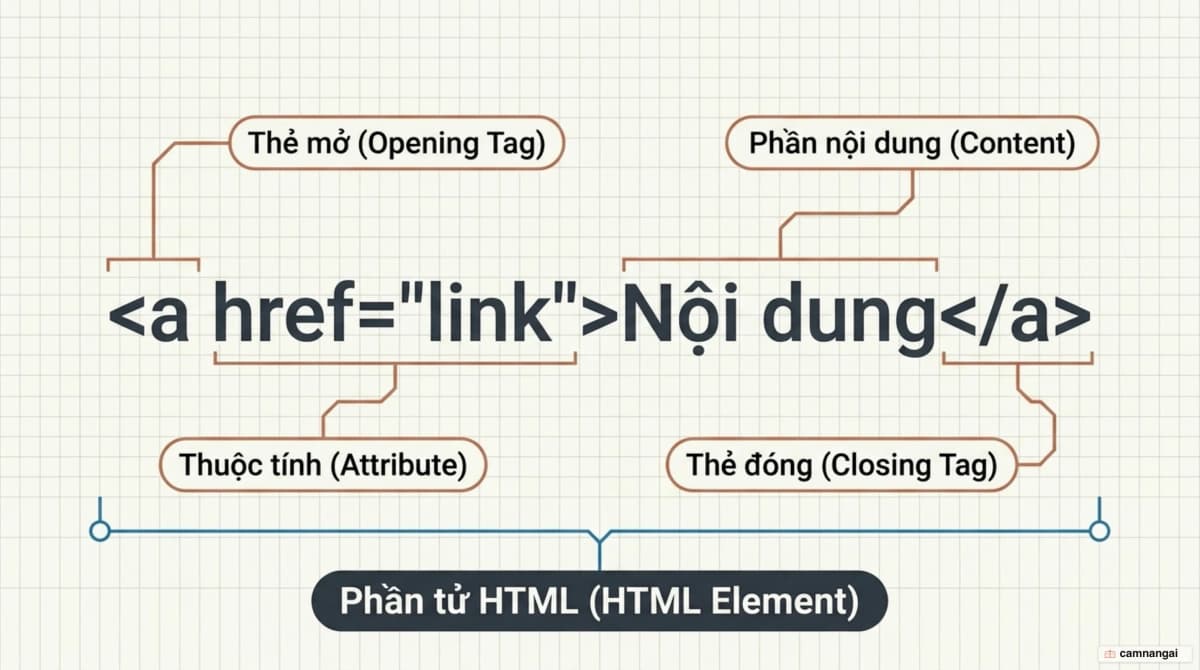 Cấu tạo một phần tử HTML: thẻ mở kèm thuộc tính, phần nội dung ở giữa và thẻ đóng