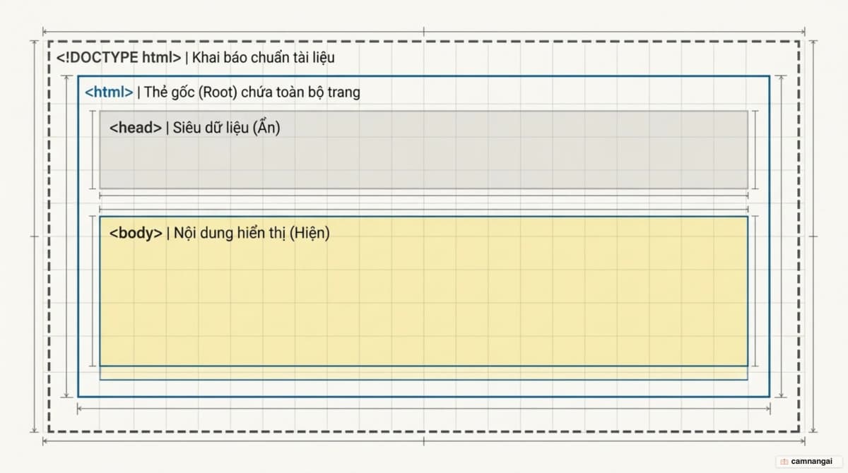 Cấu trúc lồng nhau của một tài liệu HTML: khai báo DOCTYPE, thẻ gốc html, rồi tách thành head và body