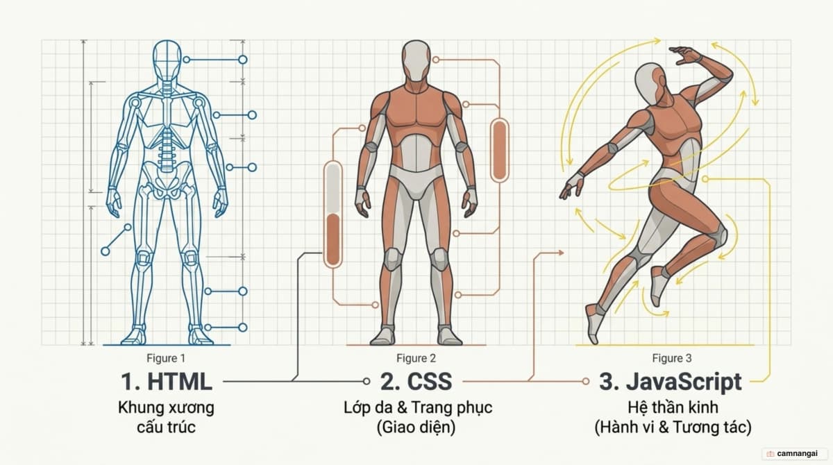 Ba lớp của một trang web: HTML là khung xương, CSS là lớp da và trang phục, JavaScript là hành vi