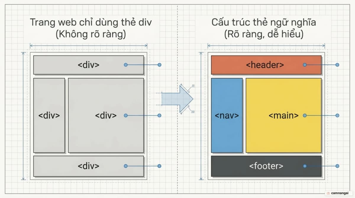 Đối chiếu trang chỉ dùng thẻ div với trang dựng bằng thẻ ngữ nghĩa header, nav, main và footer