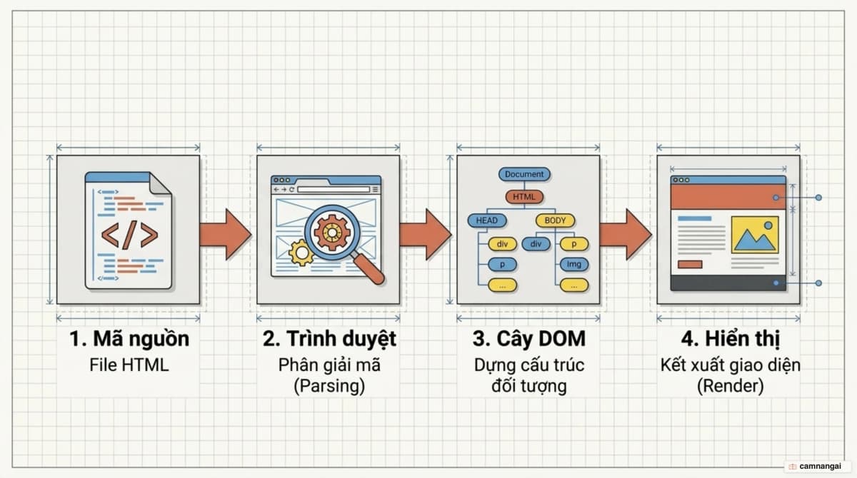 Đường đi từ mã nguồn HTML qua bước phân giải, dựng cây DOM, đến giao diện hiển thị trên màn hình