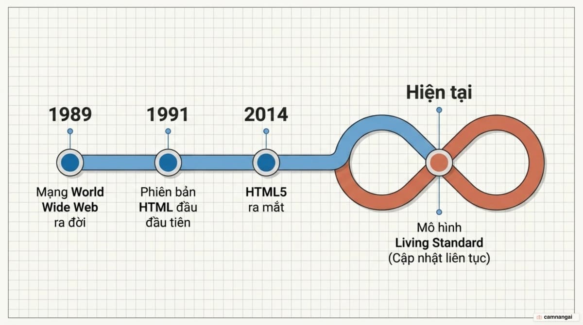 Dòng thời gian của HTML: World Wide Web năm 1989, HTML năm 1991, HTML5 năm 2014 và mô hình Living Standard hiện nay