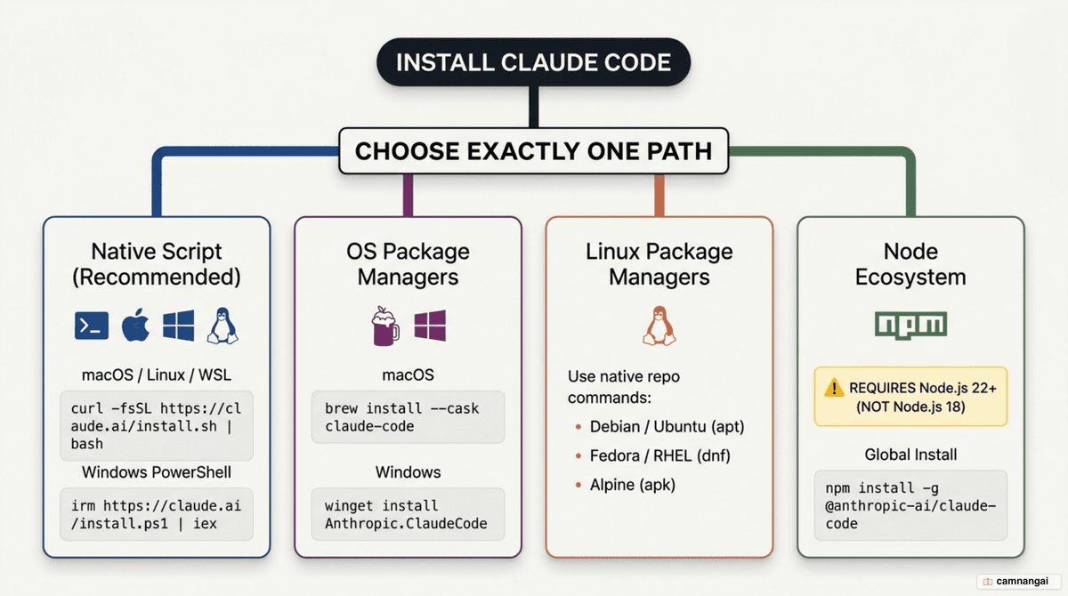 Four parallel ways to install Claude Code — the native install script, Homebrew or WinGet, a Linux package manager, and npm — where the reader picks a single branch