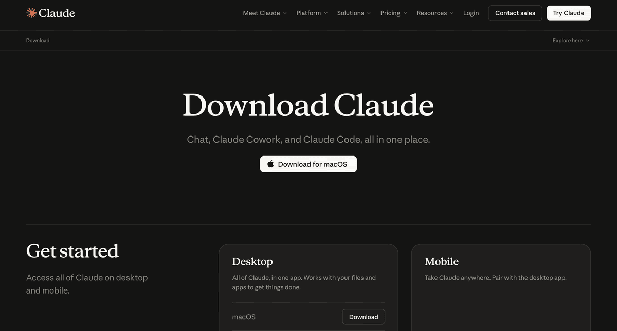 Trang tải xuống chính thức claude.com/download với nút "Download for macOS" và mục Get started cho Desktop và Mobile