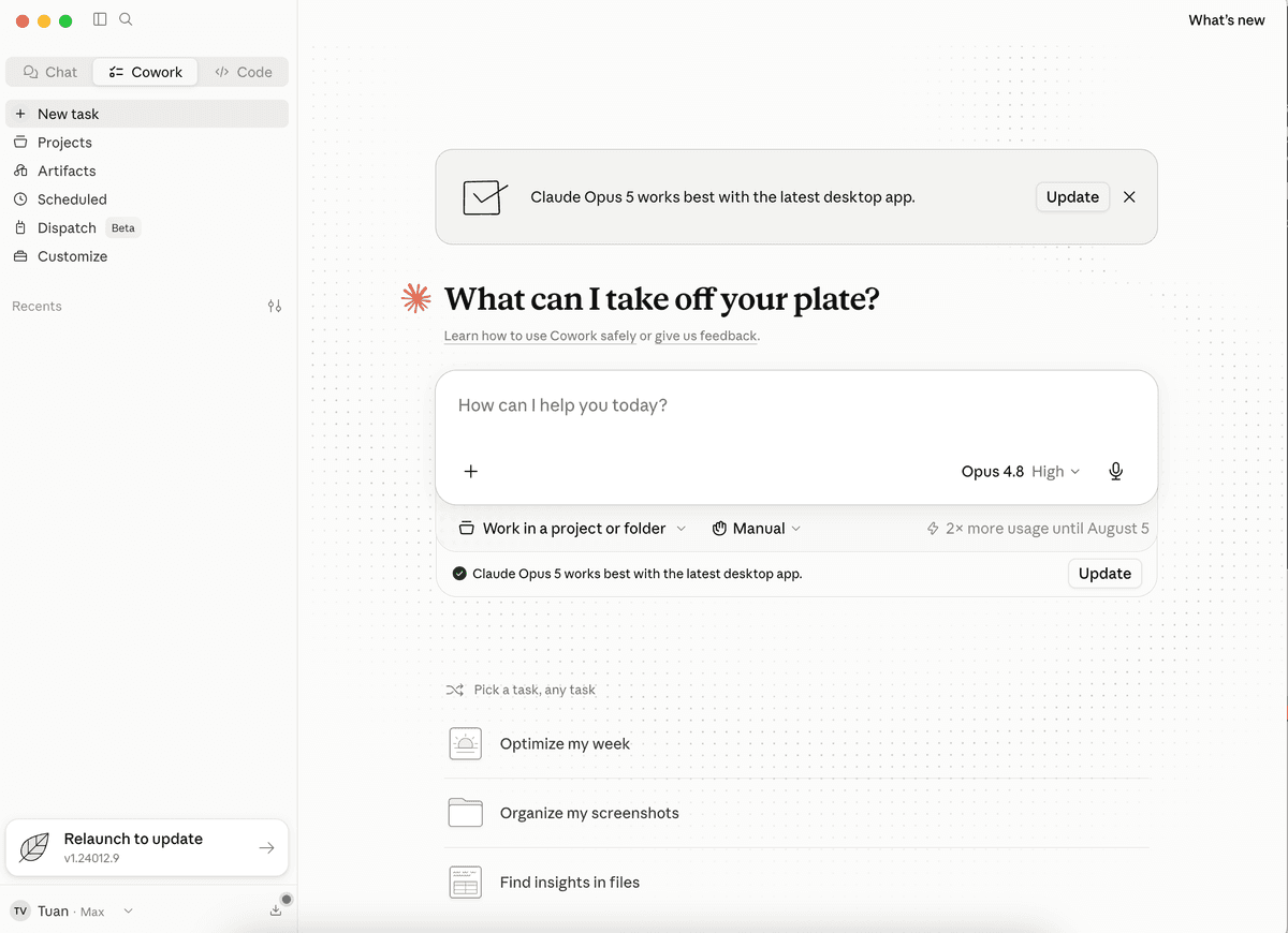 Thanh chọn Chat, Cowork và Code trong ứng dụng Claude trên macOS, với Cowork đang được chọn