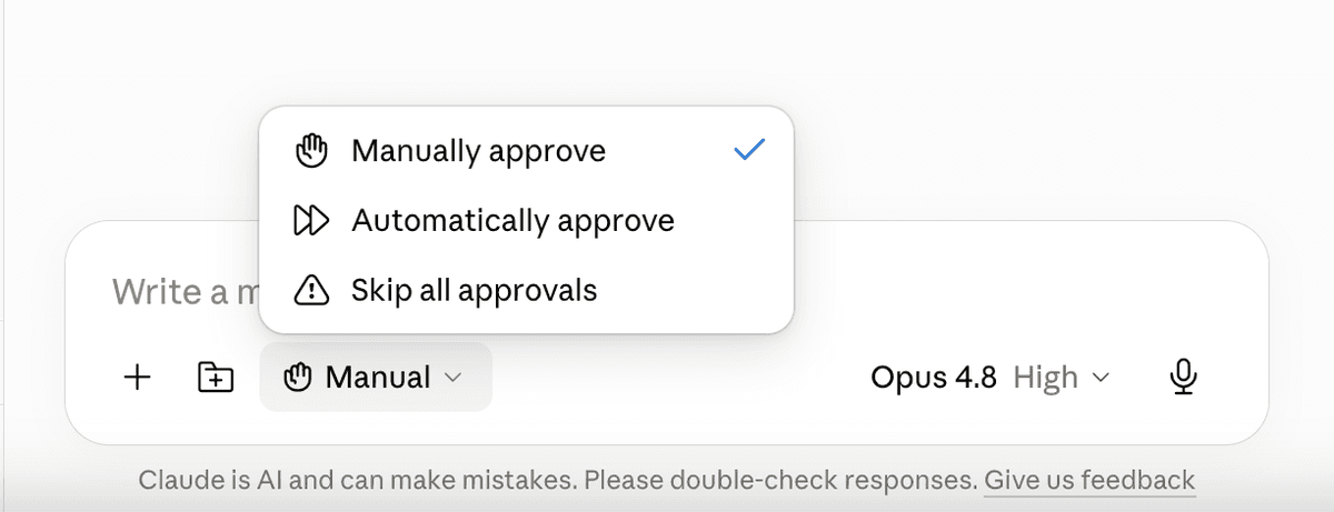 Trình chọn chế độ duyệt đang mở với ba lựa chọn: Manually approve, Automatically approve và Skip all approvals