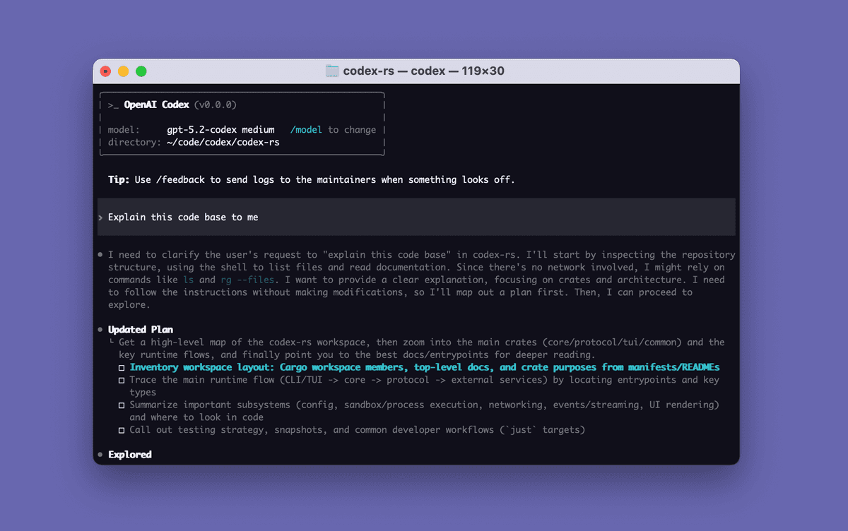 A Codex CLI session in a terminal: it takes a request to explain the codebase, then lays out a step-by-step plan