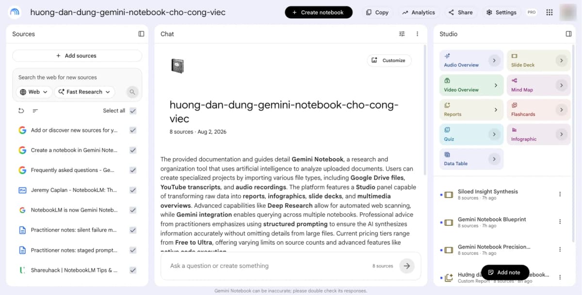 Giao diện Gemini Notebook: cột Sources liệt kê tài liệu đã tải lên ở bên trái, khung chat ở giữa, và bảng Studio chứa các sản phẩm được tạo ra ở bên phải