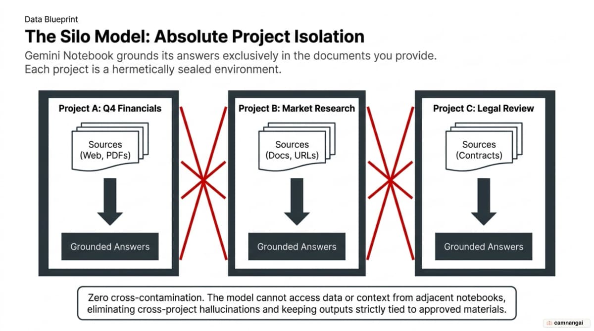 Each notebook is a sealed container: its sources and answers stay inside one project and never cross into another notebook