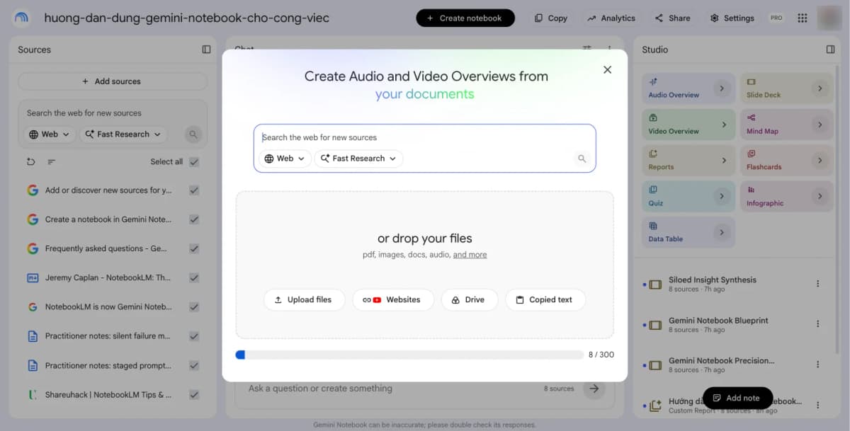 Bảng Add sources hiển thị các loại nguồn được hỗ trợ cùng hai lựa chọn Fast Research và Deep Research để tìm thêm nguồn