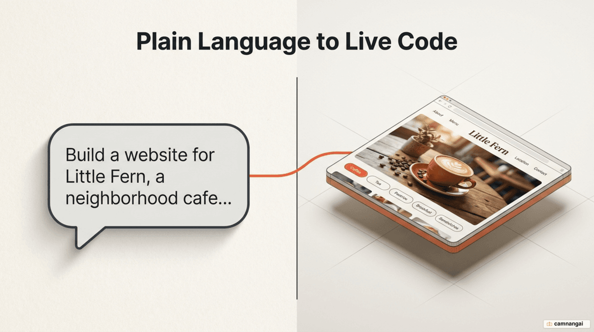 Illustration: a sentence written in plain language turning into a working website running in a browser