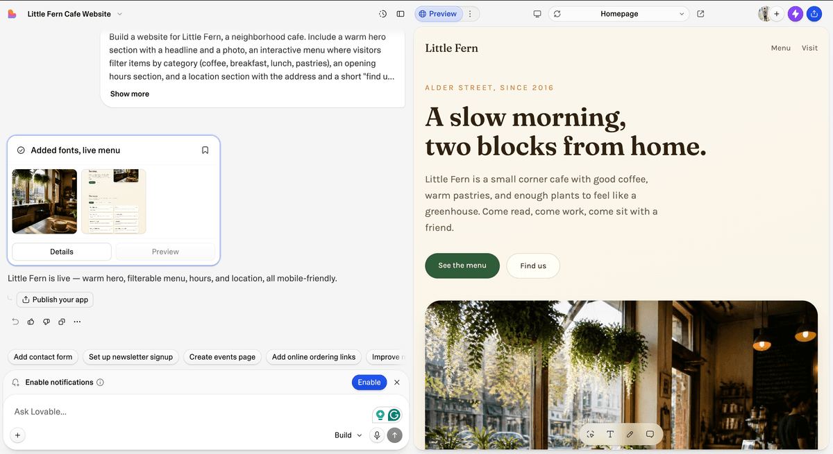 The Lovable editor: the chat panel on the left, the live app preview on the right