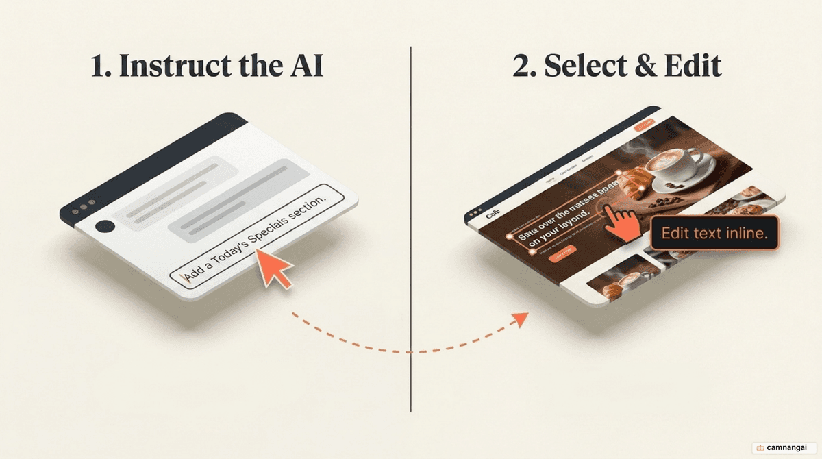 Two ways to make a change: instruct the AI through the chat panel, or select the element directly in the preview