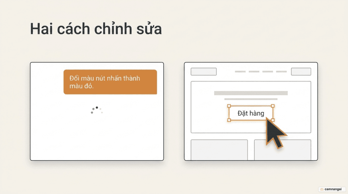 Hai cách sửa một thay đổi: ra lệnh qua khung chat, hoặc chọn thẳng phần tử trên giao diện xem trước