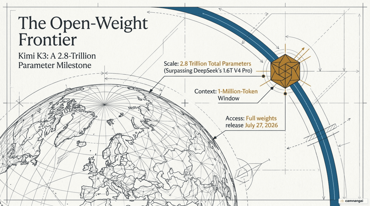 Cover illustration for Kimi K3 — a 2.8-trillion-parameter open-weight AI model reaching the global frontier