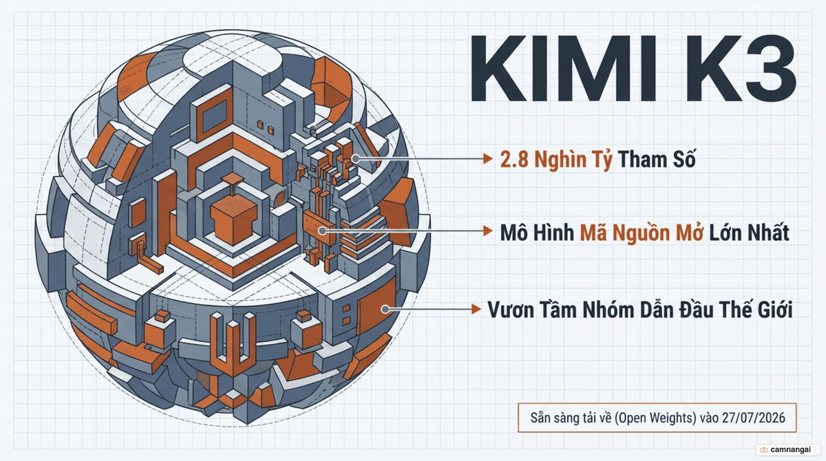 Ảnh bìa minh hoạ Kimi K3 — mô hình AI mã nguồn mở 2,8 nghìn tỷ tham số vươn tới nhóm dẫn đầu thế giới