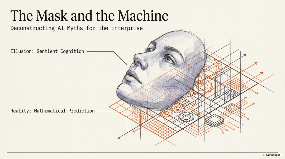 A "thinking mind" mask over a mathematical machine — AI myths versus the reality underneath