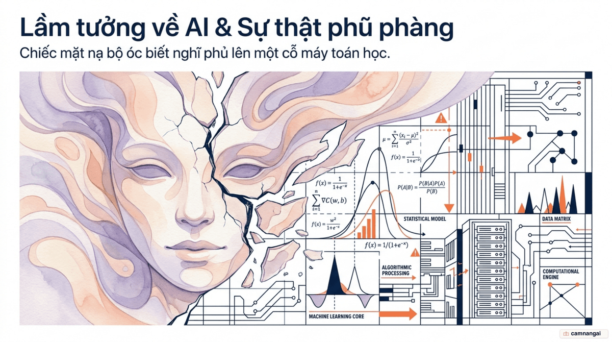 Chiếc mặt nạ "bộ óc biết nghĩ" phủ lên một cỗ máy toán học — lầm tưởng về AI đối lập với sự thật