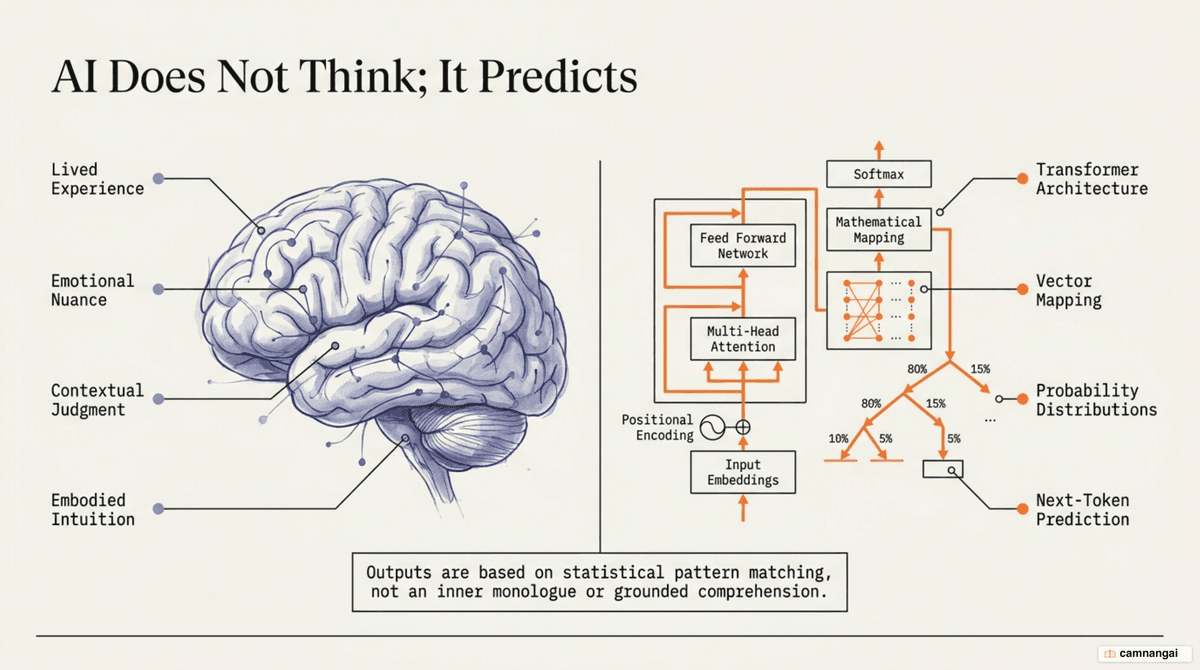 The biological brain compared with an LLM that only predicts the next token by probability