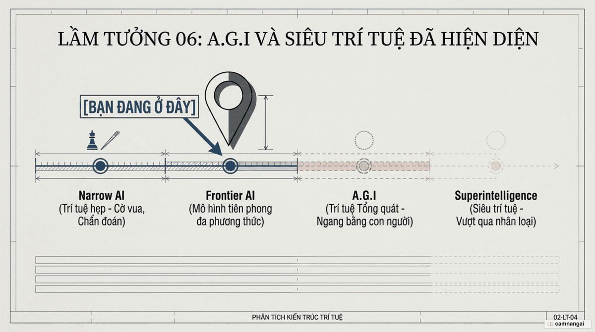 Dải tiến hoá từ AI hẹp đến AGI đến siêu trí tuệ, và vị trí thực tế của chúng ta hôm nay