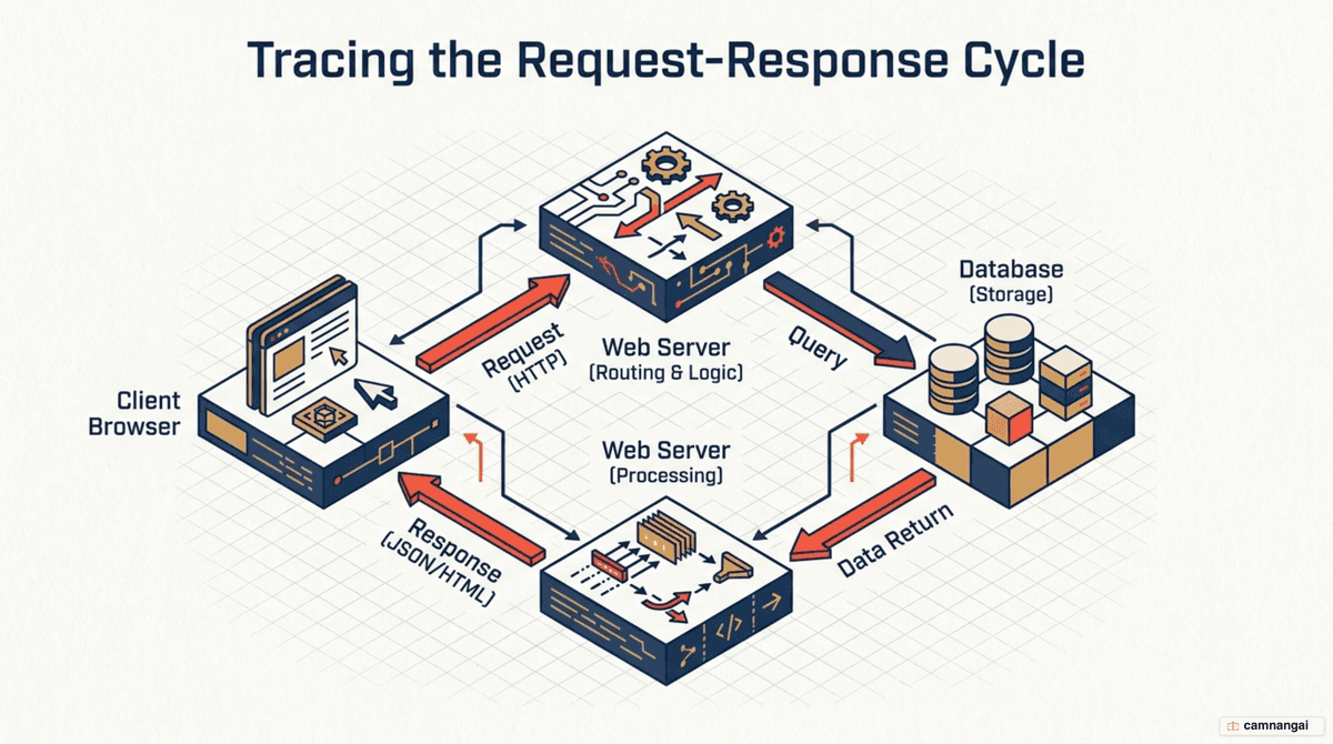 The path of a request: from the browser to the server, querying the database, then returning a response